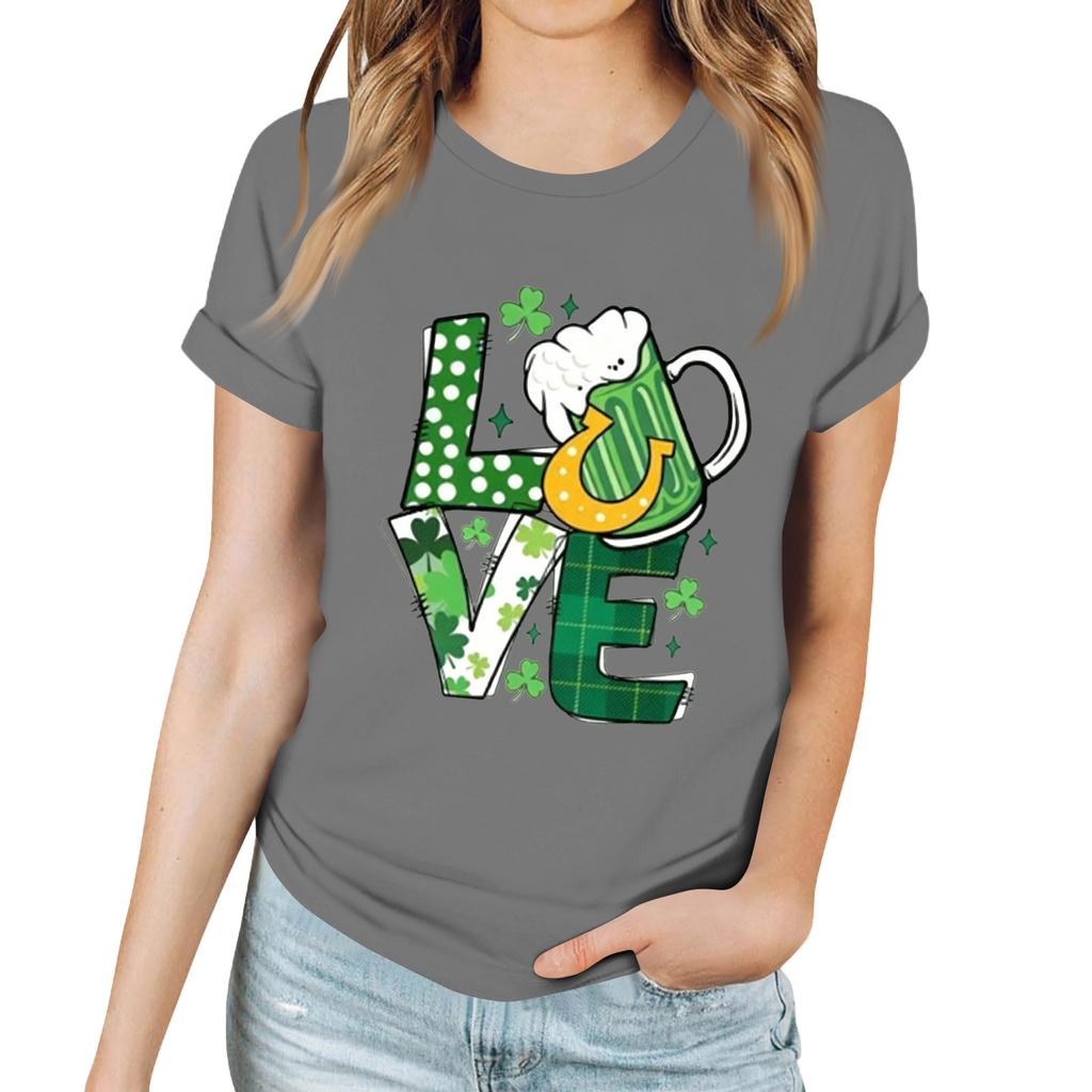 Damen Casual T-Shirt mit Saint Patrick Print Rundhals Pullover Kurzarm Top