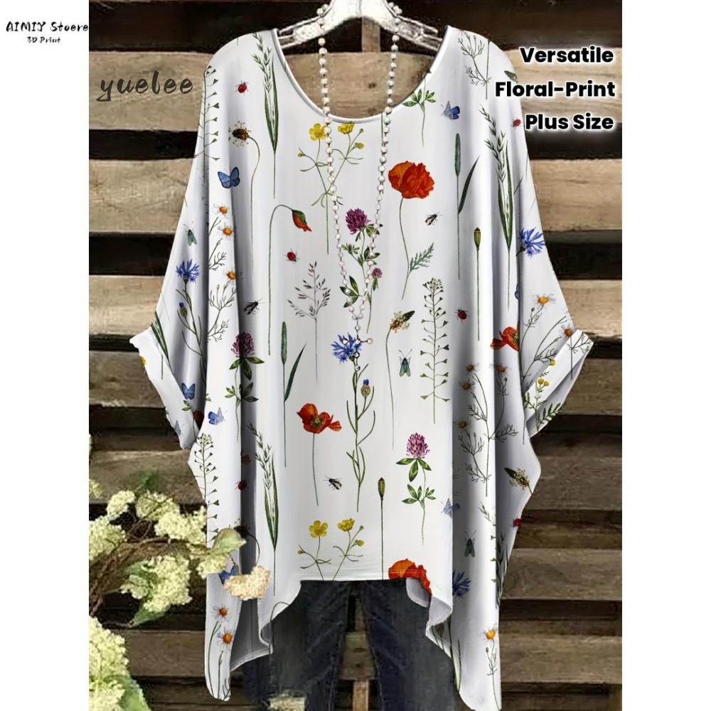 T-shirt Elegante Bohemien da Donna Stampa Notte Stellata Bianco Pois su Tutta la Superficie Orlo Asimmetrico Scollo a O Moda Casual Donna Abbigliamento Y2k