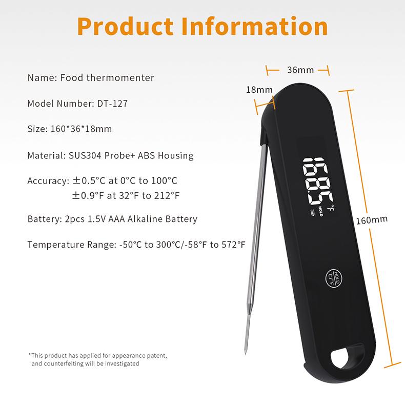 

DT-127 Термометр для мяса со складными щупами IPX5 Водонепроницаемый Перезаряжаемый Цифровой термометр для еды для барбекю, фритюра