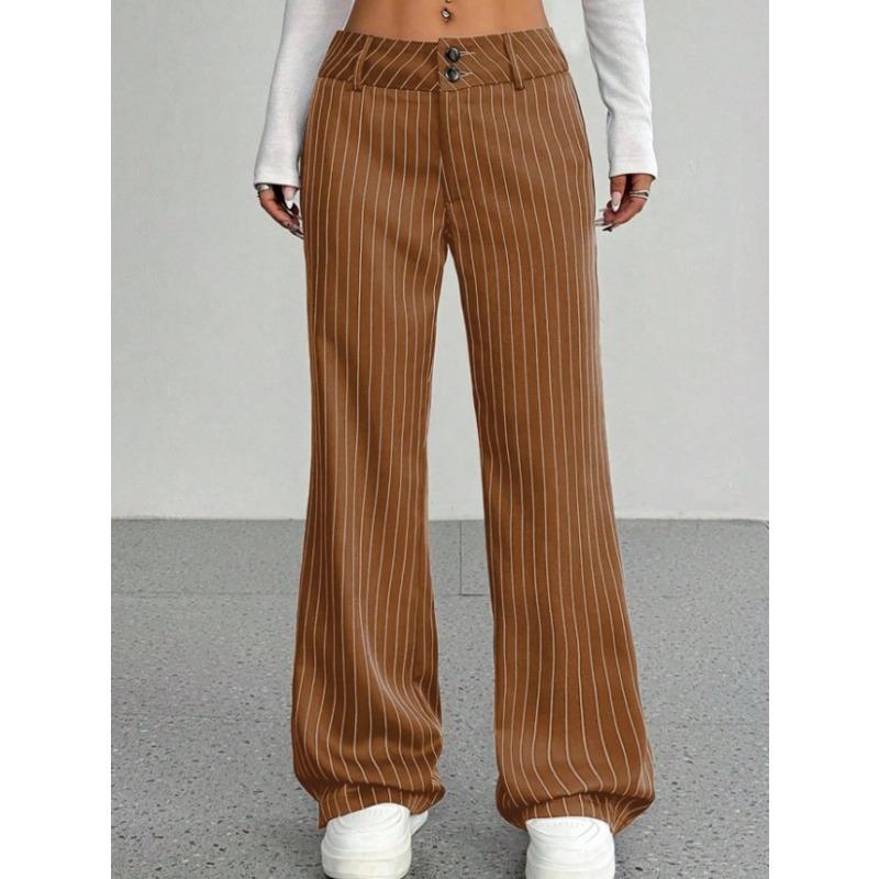 Women's Low Waist Pinstripe Wide Leg Trousers With Button Fly And Pockets