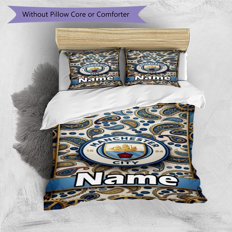 3pcs Duvet Cover Set (1*Duvet Cover + 2*Pillowcase, Without Core), Custom Name Manchester City Pattern Bedding Set, Home Bedroom Decor Gift