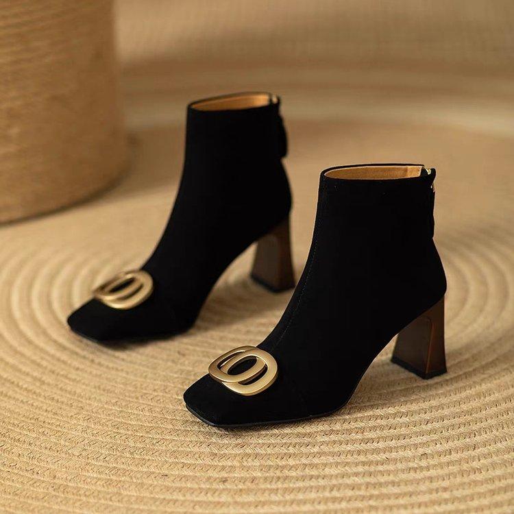 New Women's Ankle Boots Faux Dress Shoes Square Black Boots Mid-heel Zipper Elegant Winter Fashion Boots
