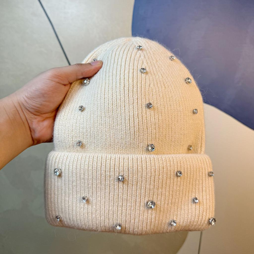 Hat Winter Women's New Korean Style Fashionable and Elegant Rhinestone Knitted Hat Street Style Rabbit Fur Warm Woolen Hat