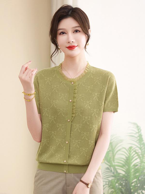 Women s Summer Ice Silk V-Neck Lace Knit Cardigan 3XL (recommended 150-165 Jin) зелёный