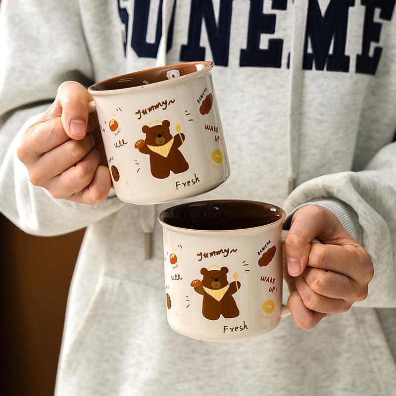Bread Bear Retro Breakfast Cup Cute Cartoon Large Capacity Ceramic Mug Without Lid Water Cup Couple Home Cup