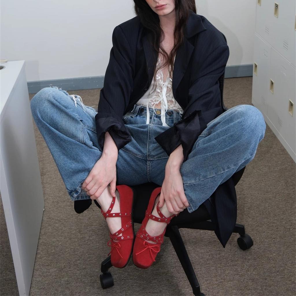 Red Bow Single Shoes Women's French Retro Small Leather Shoes 2025 Spring New Rivet Belt Buckle Ballet Flats