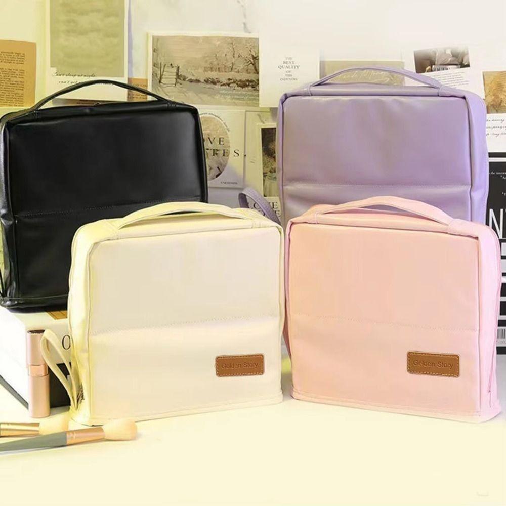 Portable Cosmetics Storage Bag Solid Color Vertical Travel Makeup Organizer Multi-Layer PU Cosmetic Organizer Outdoor
