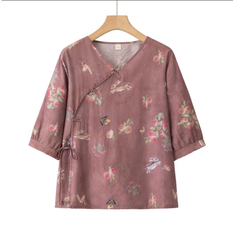 Datang Furen New Chinese Style Floral Print Summer Top for Mid-Aged Women 2XL