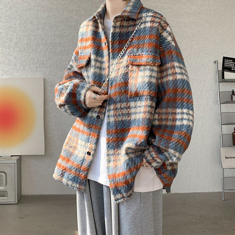 Dongjie No Logo Flus Loose Striped Plaid Jacket for Male Students, Hong Kong Style Casual Jacket Top Red Grid M