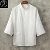 Men's Retro Cotton-Linen Summer Shirt with Stand Collar and Loose Five-Point Sleeves