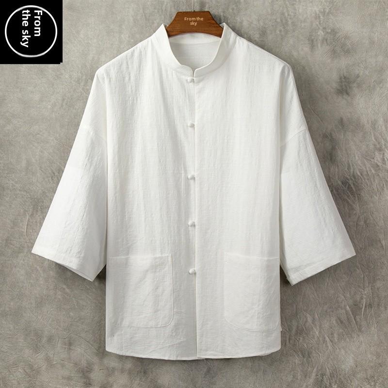 Men's Retro Cotton-Linen Summer Shirt with Stand Collar and Loose Five-Point Sleeves