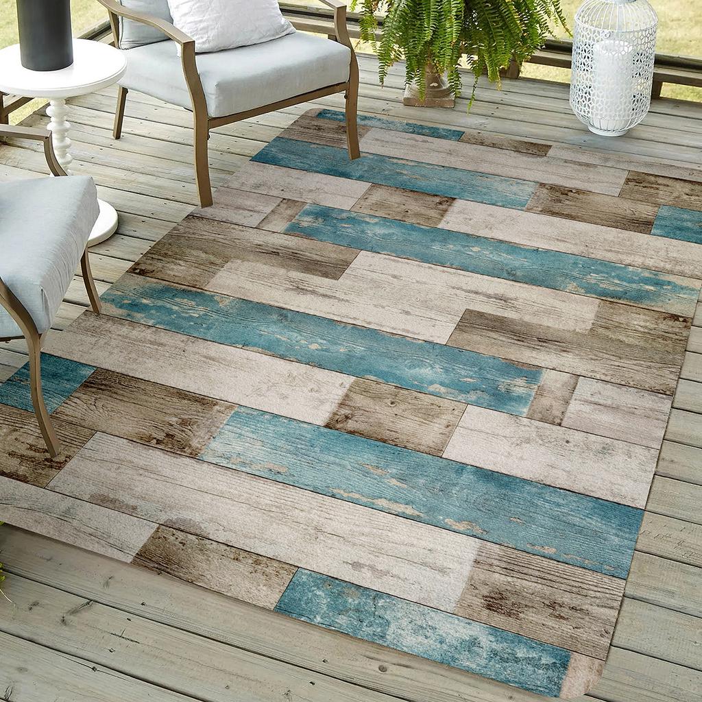 Vintage Wood Pattern Area Rug,Blue Brown Check Design Non-Slip Mat, Machine Washable Polyester Floor Mat for Living Room Kitchen