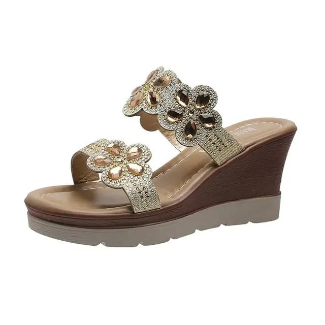 Round Toe Wedges Casual Open Toe Comfort Spring/Summer Rhinestone Embellish Slipper Party Plus Size 35-43 for Everyday Wear