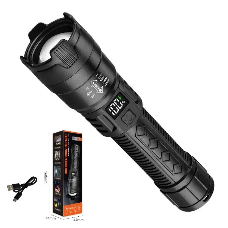 P50 Powerful LED Flashlight Type-C Rechargeable Zoom Torch with Power Display Lantern for Outdoor Camping Fishing Tactical Light