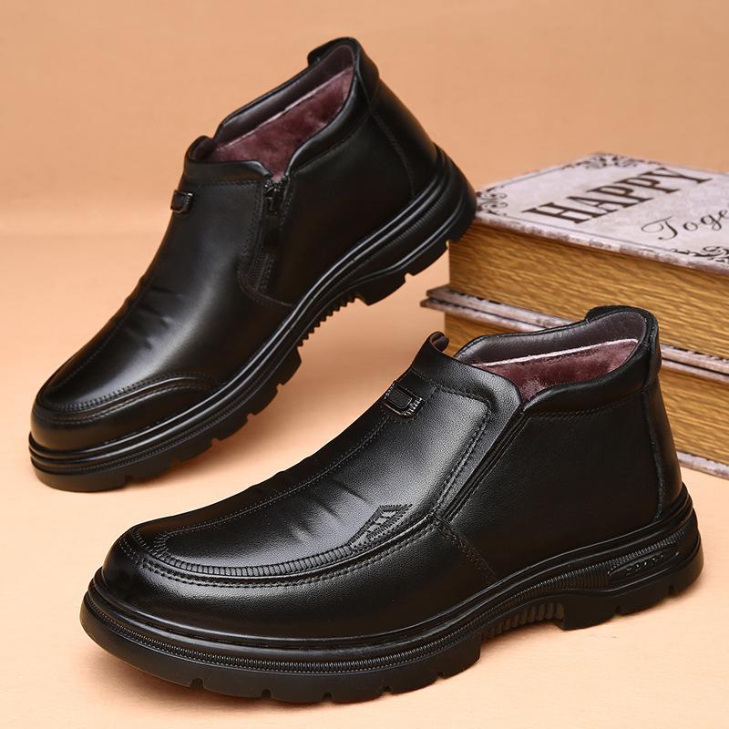 

First layer cowhide high-top cotton shoes men s fur integrated one-pedal velvet pure wool thick-soled warm men s snow boots 45