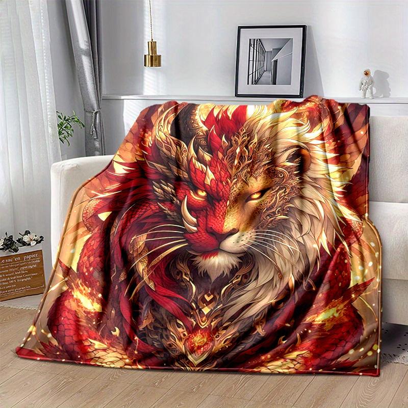 1pc Golden Lion of Fire Cartoon Blanket Soft Throw for Home Decor, Gift Idea, Living Room, Travel, Camping, Car Blankets