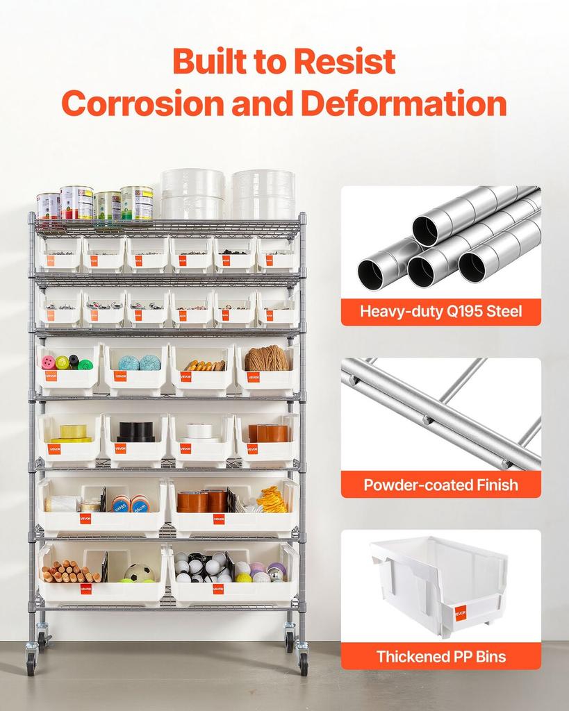 7-Tier Rolling Bin Storage Rack, 24 Organizer Bins, Bin Rack Storage Steel Wire Shelving System with Wheels, Mobile Tool Organizer for Garage,