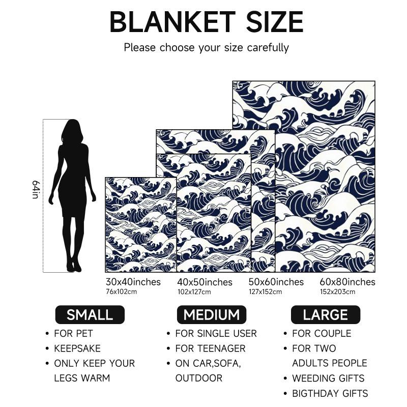 1 Stück blau-weiß gestreifte Flanelldecke mit Wellenmotiv, weich, geeignet für Sofa, Bett, Büro, ganzjährige Nutzung.