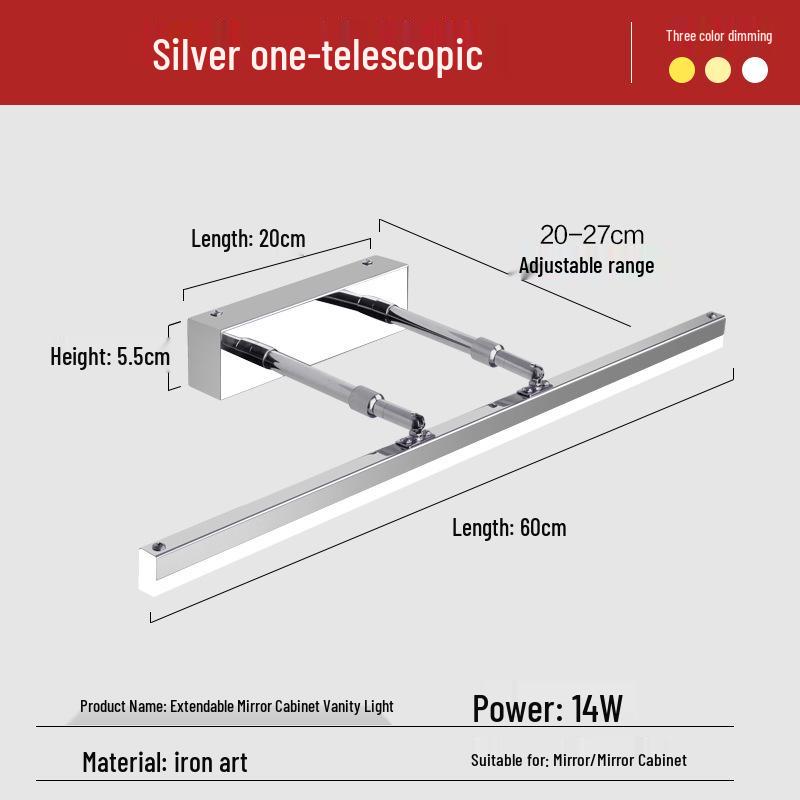 Nordic Minimalist LED Vanity Light, Telescopic Mirror Cabinet, Punch-Free, Three-Color Wall Light for Bathroom