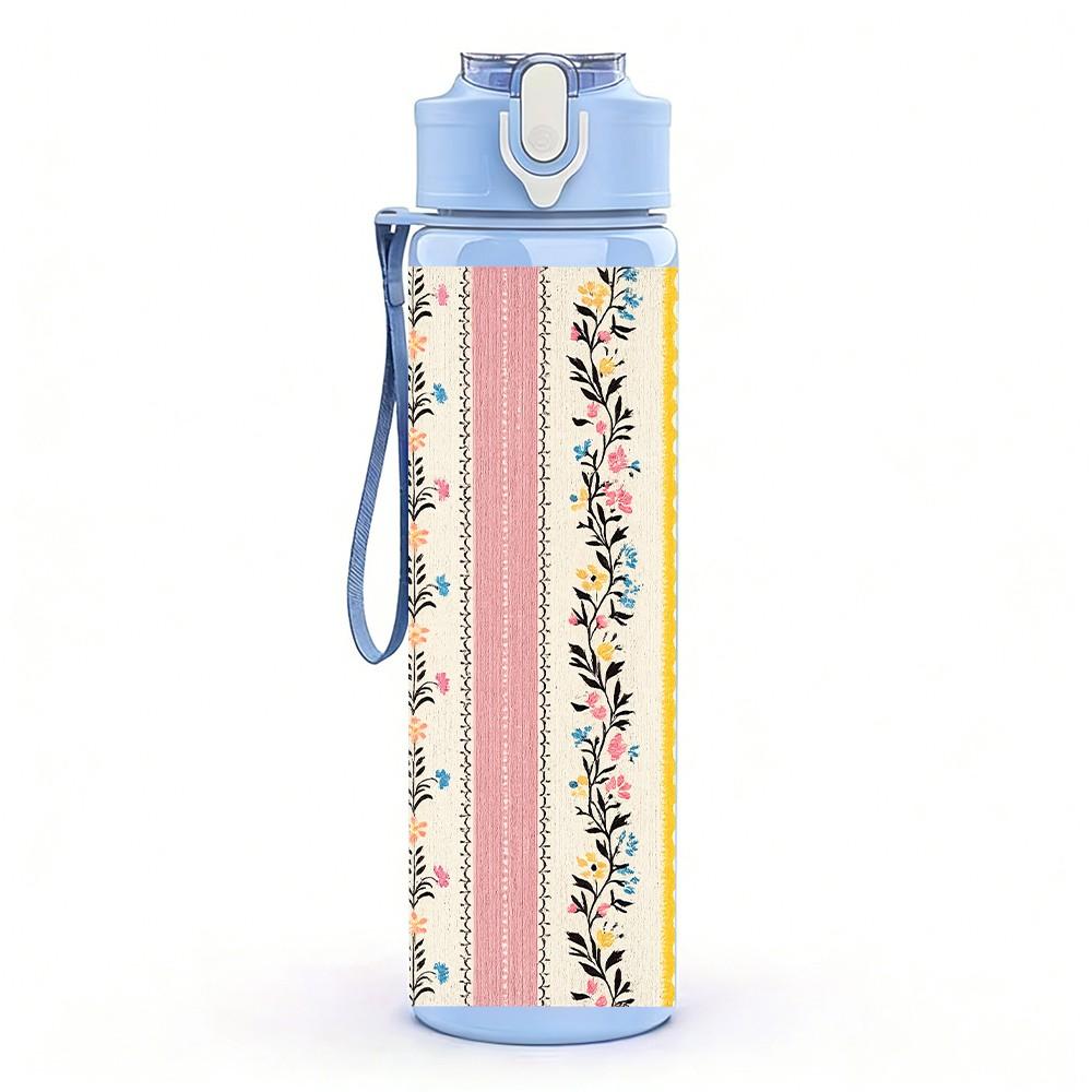 1PC Ethnic Striped Boho Textile Print 750ml Color Plastic Sports Water Bottle Leakproof Flip Straw Lid Suitable for Sports Office Home Use