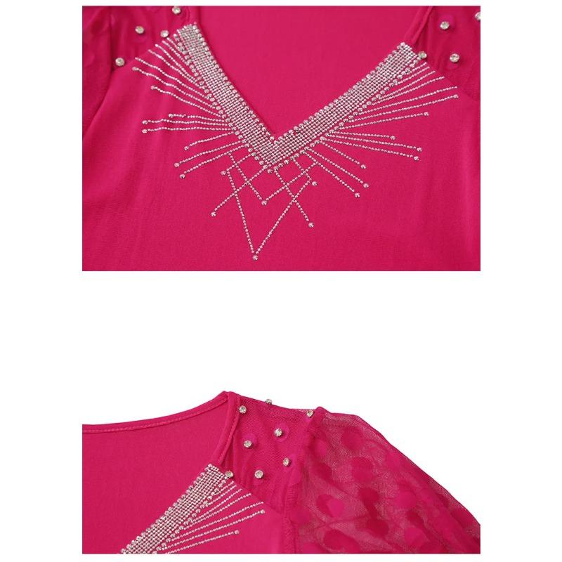 Summer V Neck Short Sleeved Women's T Shirt Fashion Sexy Diamond Mesh Tees Lace