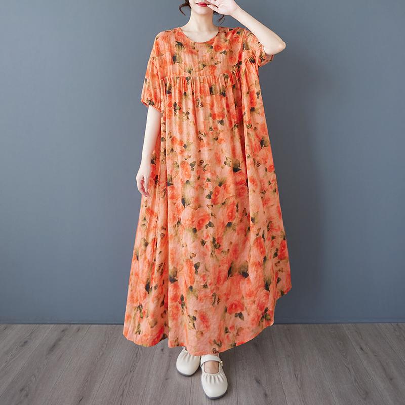 

DIMANAF 2025 Summer Women Vintage Plus Size Long Floral Printing Dress Short Sleeve Casual Basic Fashion Loose Dress One Size оранжевый