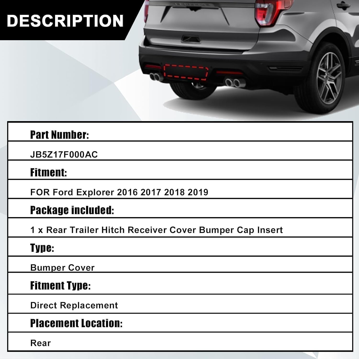 SecosAutoparts Bumper Trailer Hitch Access Cap Rear Compatible with Ford Explorer 2016 2017 2018 2019 Replace# JB5Z17F000AC