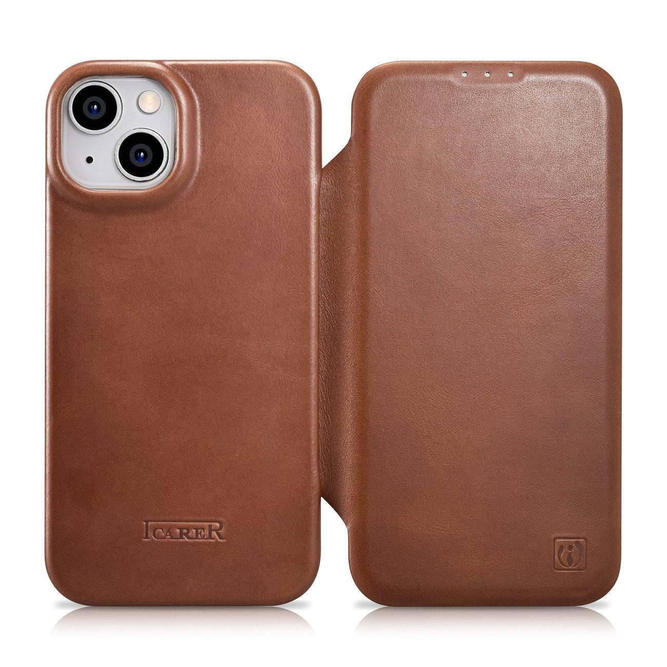 Super Merchant IPhone 14 Plus Leren Hoesje Met Magnetische Flip MagSafe Ce Olie Was Premium Leer Bruin