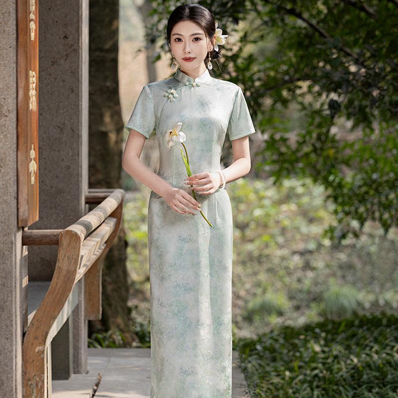 Blue national style new Chinese Suzhou long cheongsam improved young 1011 new women's high sense daily summer