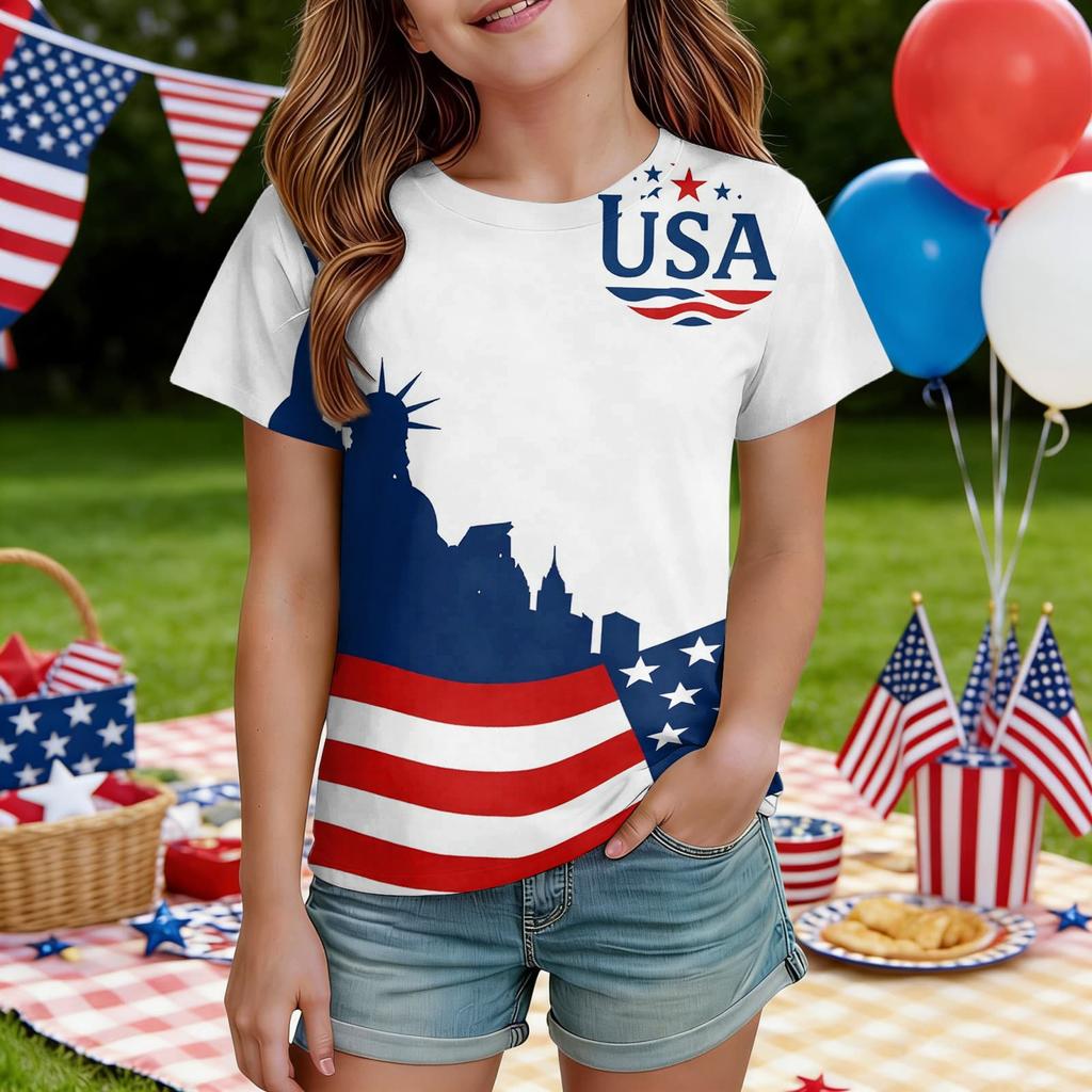 Kids Independence Day Print Round Neck Short Sleeve Casual T-shirt
