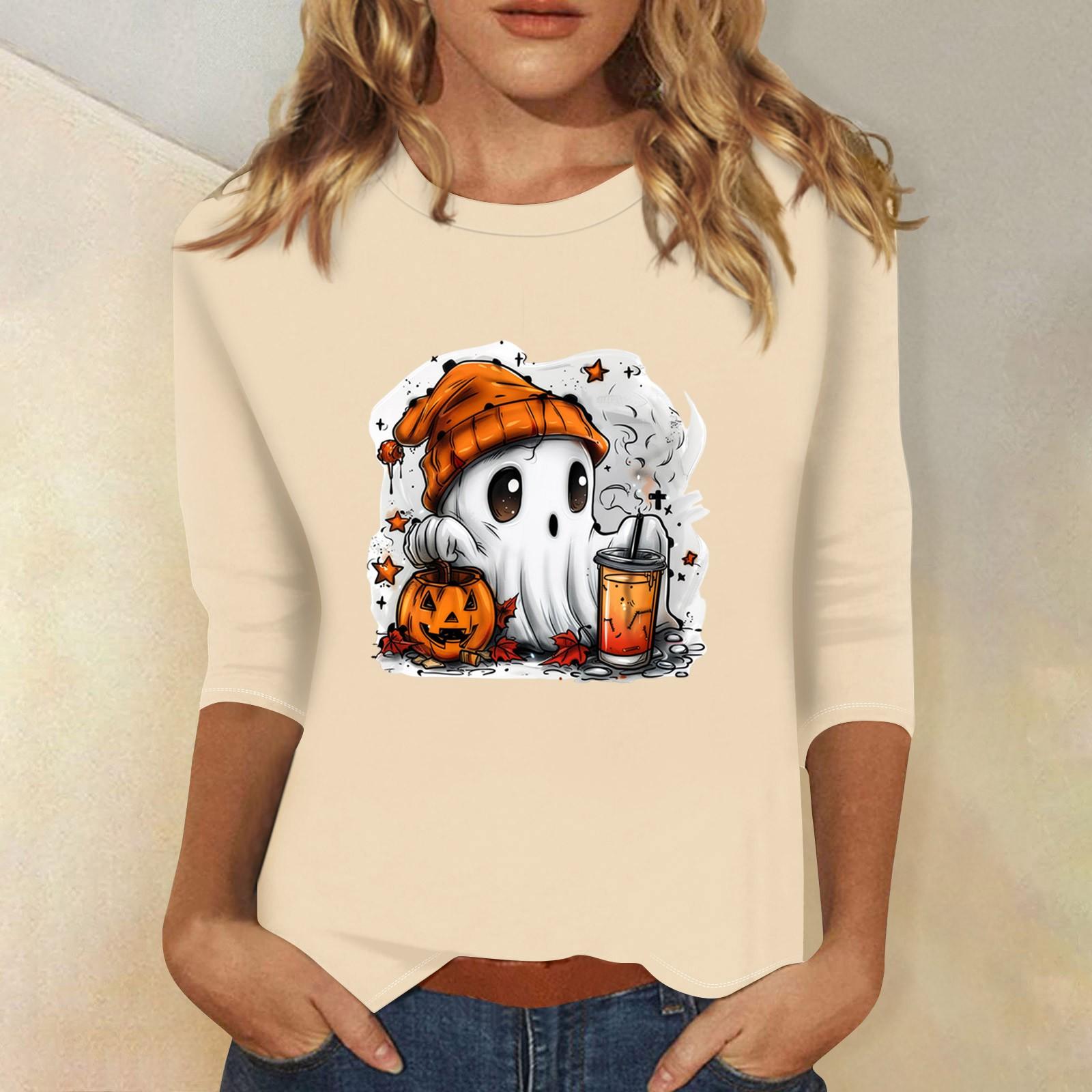 

Women s Fashion Casual Three-quarter Sleeve Halloween Printed Round Neck Top L бежевий