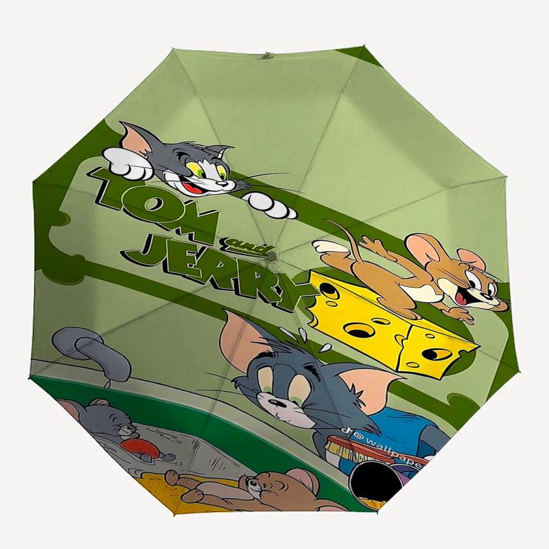 

1pc Tom and Jerry Automatic Folding Umbrella - Compact 8-Rib Design, Durable Plastic & Iron1334L