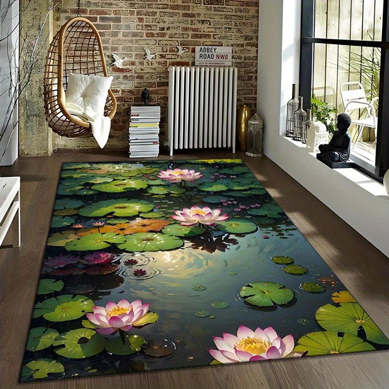 1pc Non-Slip Crystal Velvet Area Mat - Vibrant Pink & Yellow for Lotus Pond Scene, Soft Polyester Floor Mat with Rubber Backing