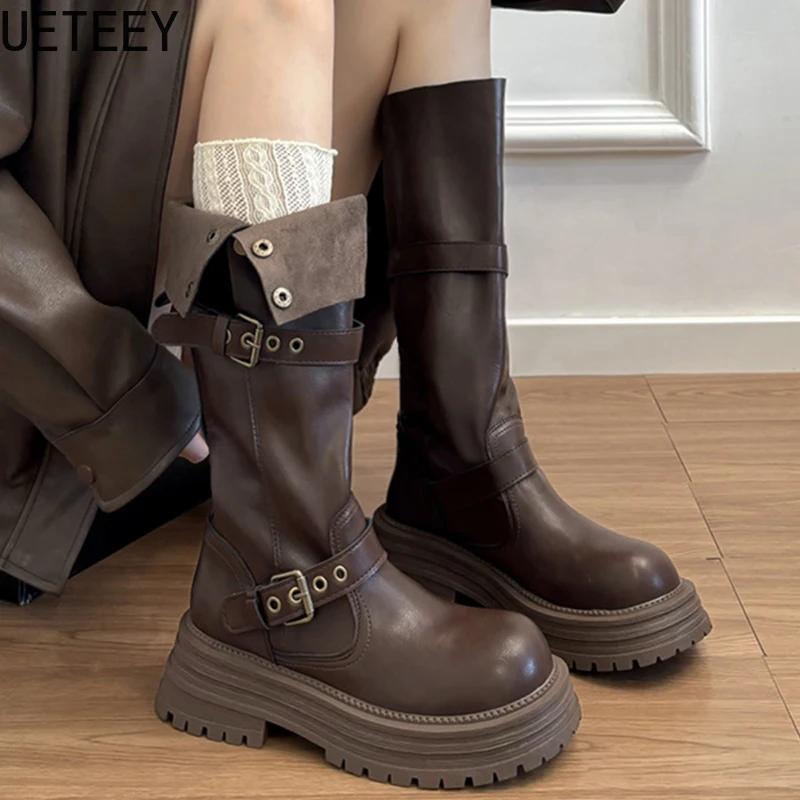 Winter Platform Women Thigh High Boots Fashion Belt Buckle Long Booties Vintage Square Low Heels Ladies Shoes