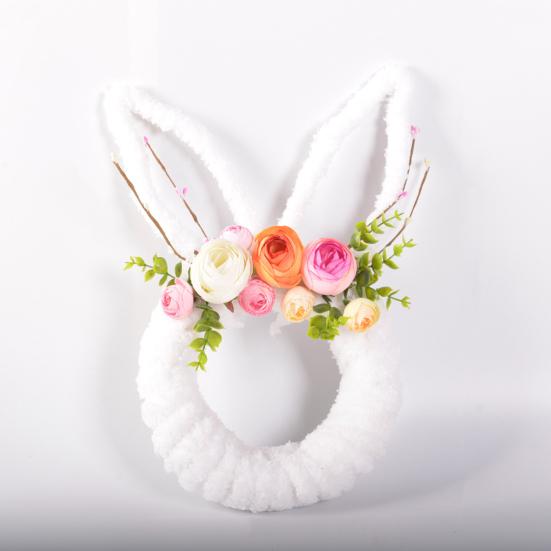 Easter Bunny Wreath for Front Door Yarn Wrap Rabbit Shaped Wreath with Artificial Flowers for Spring Porch Wall Window Indoor Outdoor Decor