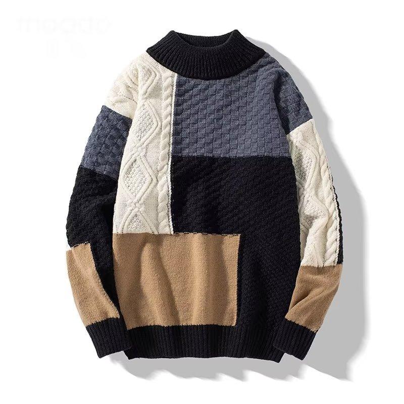 Mode Allgleiches Patchwork Pullover Jumper männer Winter Casual Lose Wolle Warme Knited Rollkragen Pullover Top