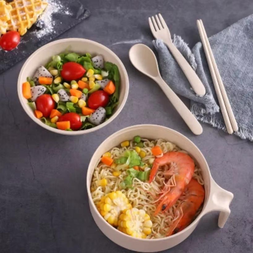 1 Pcs Eco-Friendly Wheat Straw Ramen Bowl Set Student Dorm Microwave Instant Bowl Home Dinnerware With Lid Handle Salad Bowls