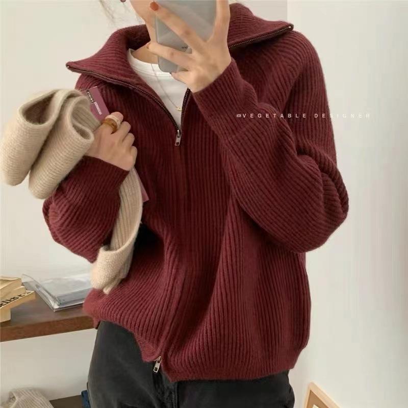 Simple Casual Versatile Lapel Knitted Cardigan Top Women's Autumn and Winter New Loose Lazy Wind Sweater Jacket