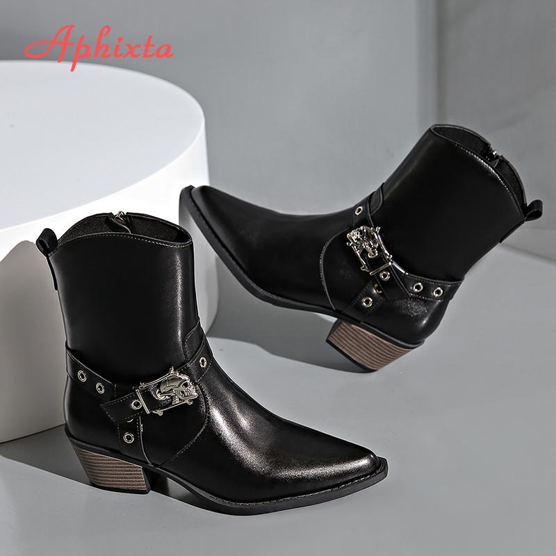 Fashion Aphixta Fashion Spring Autumn Modern Boots Patent Leather Women Ankle Boots 5CM Square Heels Lady Footwear Shoes Big Size 42