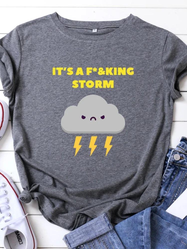 IT'S A STORM Dark Clouds Print Women T Shirt Short Sleeve O Neck Loose Women Tshirt Ladies Tee Shirt Tops Camisetas Mujer