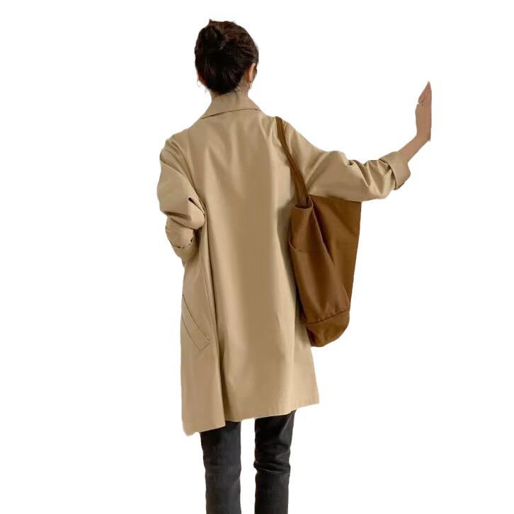 Women's Mid-Length Trench Coat, Spring/Autumn, Korean Style, Loose Fit, Solid Color, Versatile Outerwear, Trendy and Simple Design.