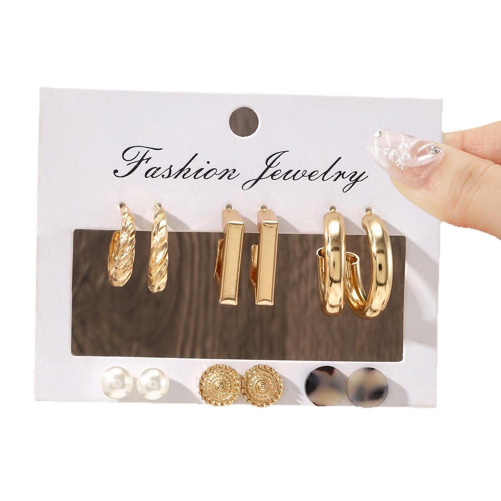European and American new ins wind metal sense geometric round bead pearl earrings set creative personalized ear jewelry