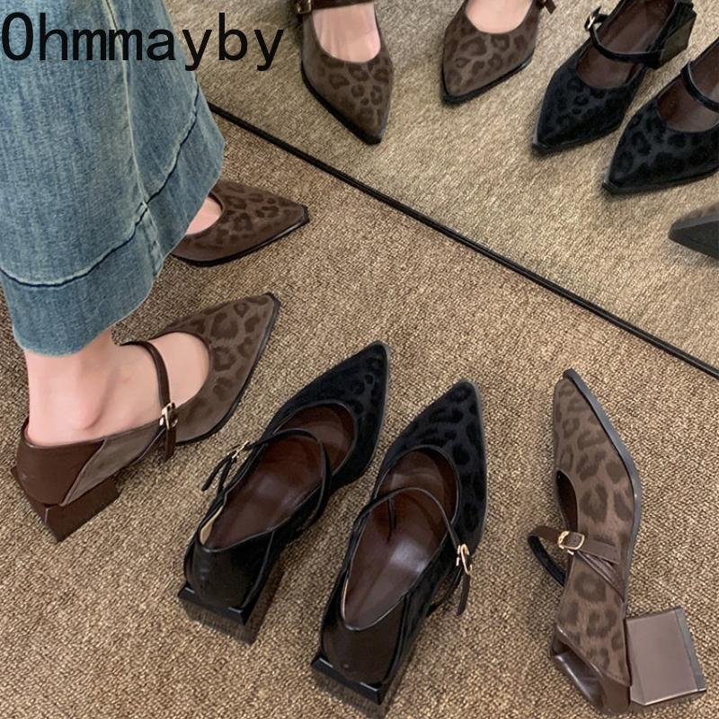 Spring New Pointed Toe Women Mary Jane Shoes Concise Shallow Buckle Shoes Ladies Elegant Leopard Thick Heel Dress Shoes