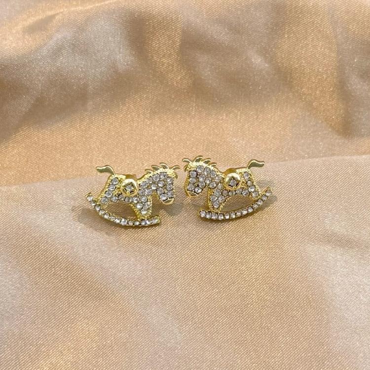 Unique Horse Theme Ear Studs Gold Finish and Stones Adorned for Parties Formal Event Elegant