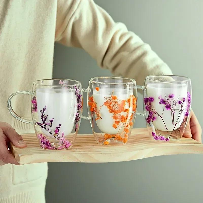 Double Layered Dried Flower Glass Cup Creative Pattern Mugs High Borosilicate Insulated Cup Kitchen Drinkware Home Accessories