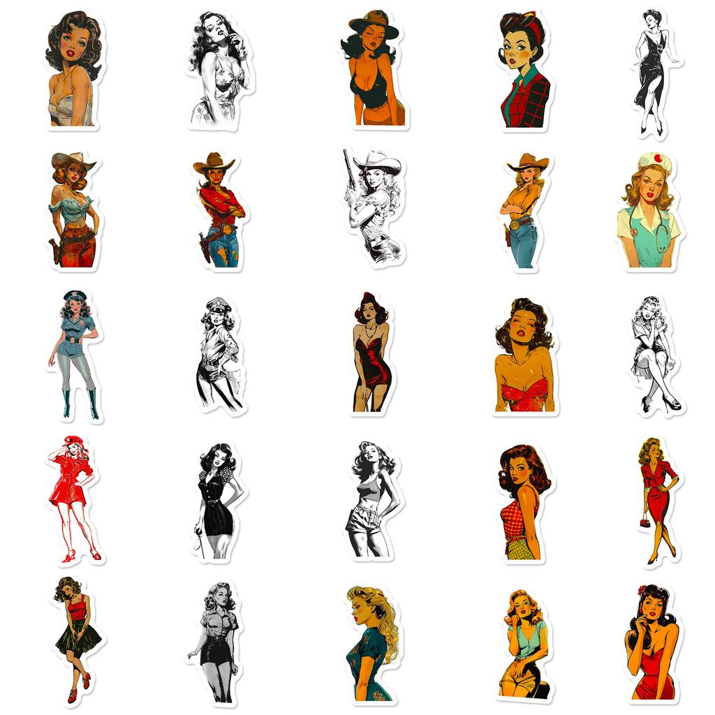 50 Samolepek Graffiti Klasické Retro Dívky Bez Opakování DIY Samolepky na Laptop Zavazadlo Kelímek na Vodu