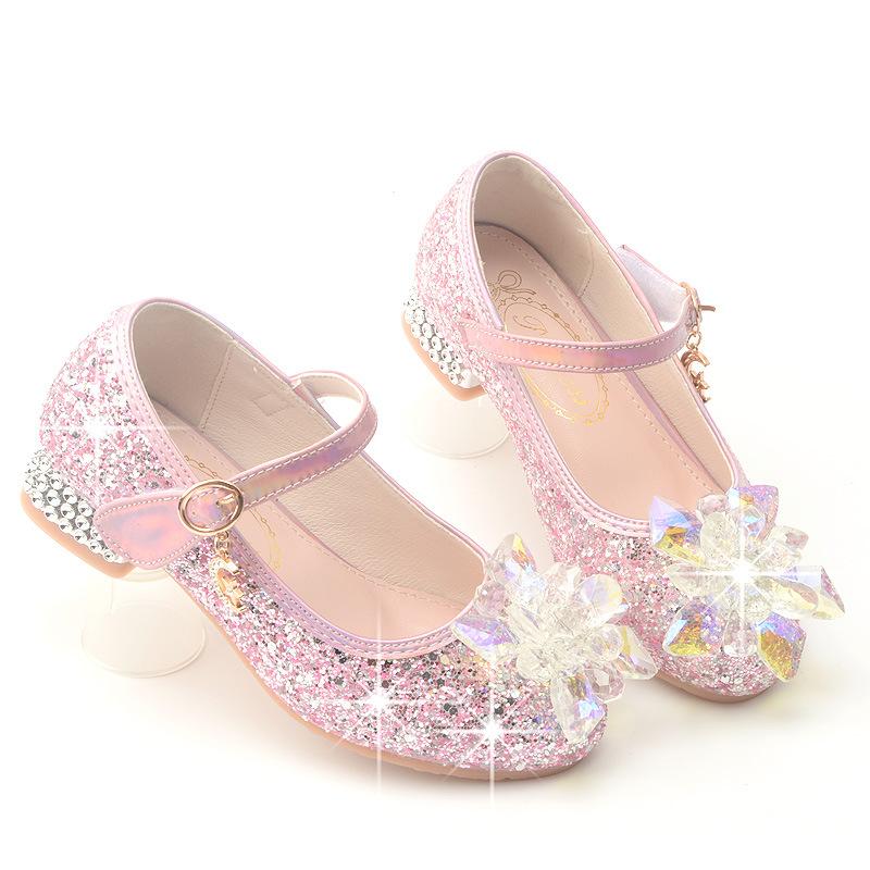 Children's High Heels Elsa Princess Shoes Spring and Autumn Girls' Crystal Shoes Soft Sole Single Shoes for Small, Medium, and Large Children silver