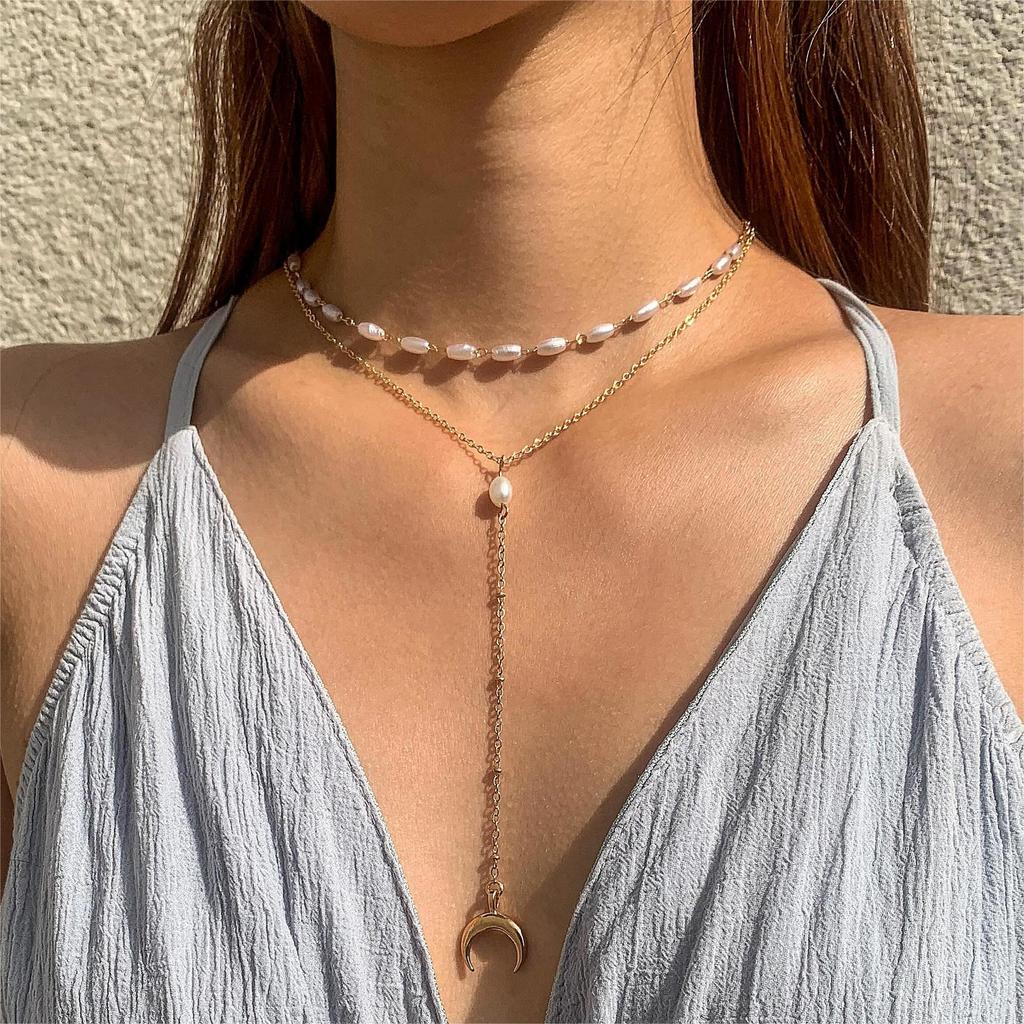 Accessories, retro imitation pearl double stacked necklace, versatile inverted crescent horn necklace, collarbone chain