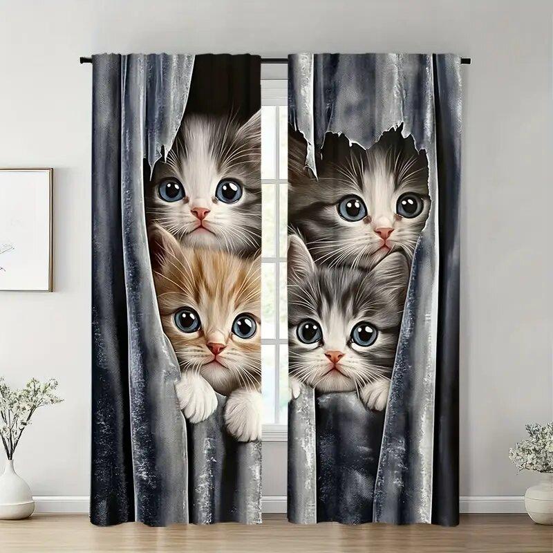 Artistic cat-printed curtains are suitable for bedrooms and living rooms   home decoration   and Christmas
