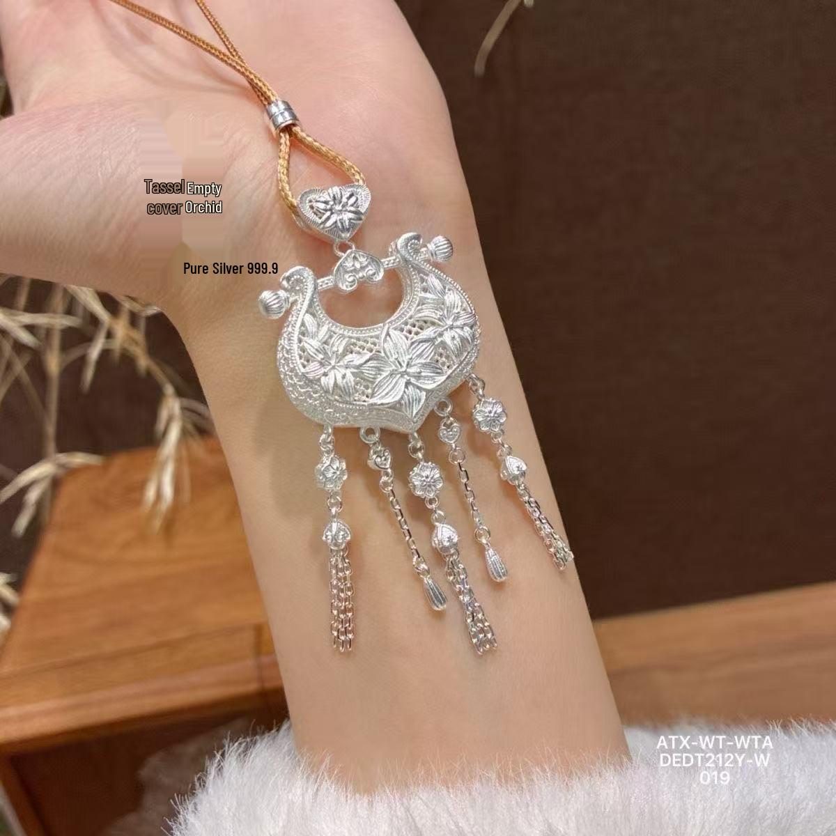 Полая подвеска-кисточка в виде орхидеи из стерлингового серебра - Женский аксессуар в китайском ретро-стиле Pure Silver 999.9